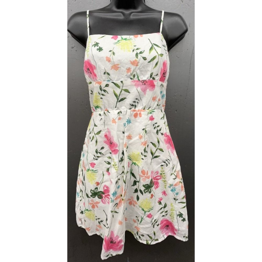 Linen Cotton Mini Dress S White Multicolor Floral Cottage Fairy Feminine Y2K